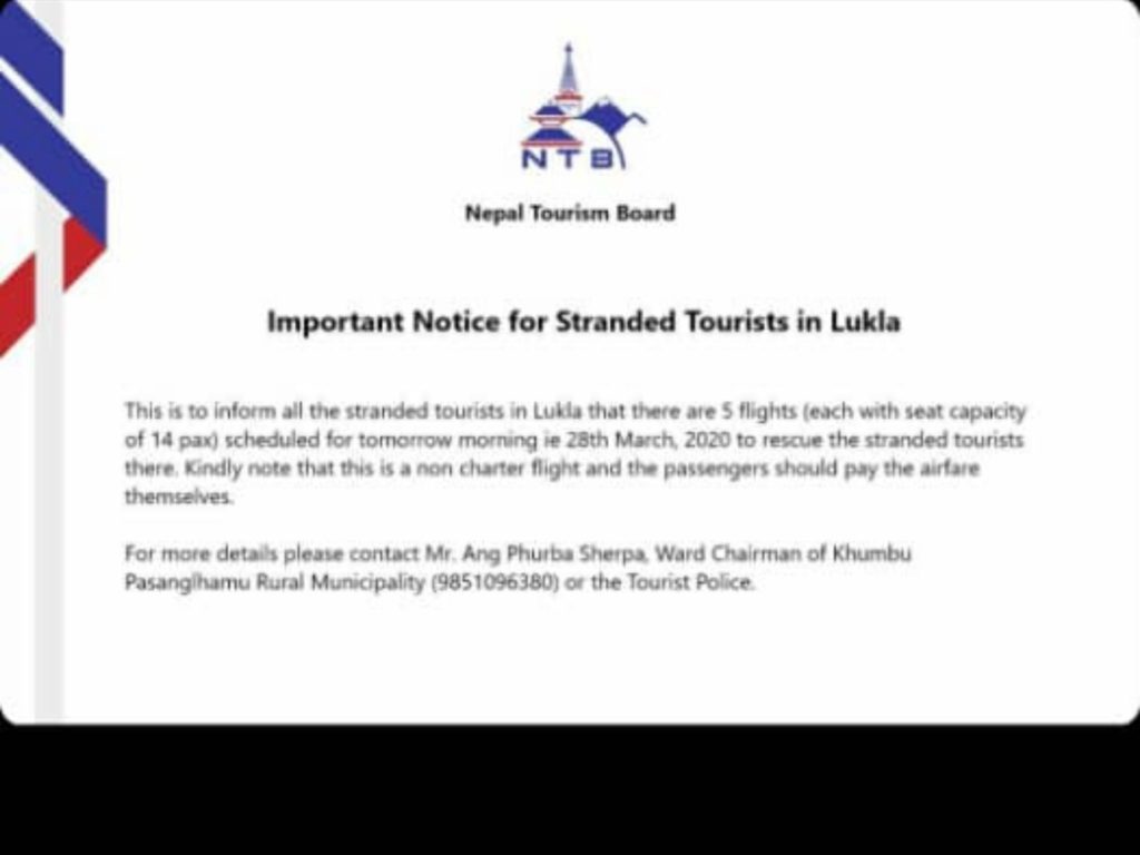 Nepal Tourism Board notice for Stranded Tourists in Lukla - on flights